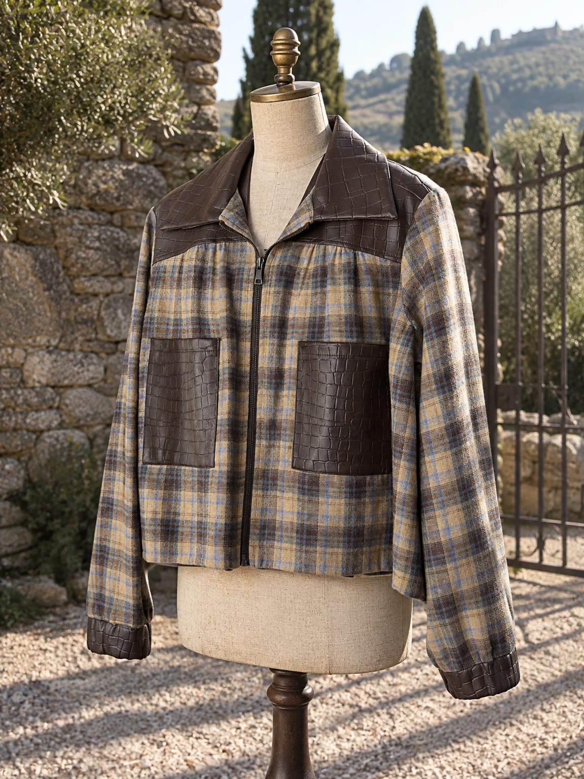 Giacca a quadri con inserti effetto coccodrillo