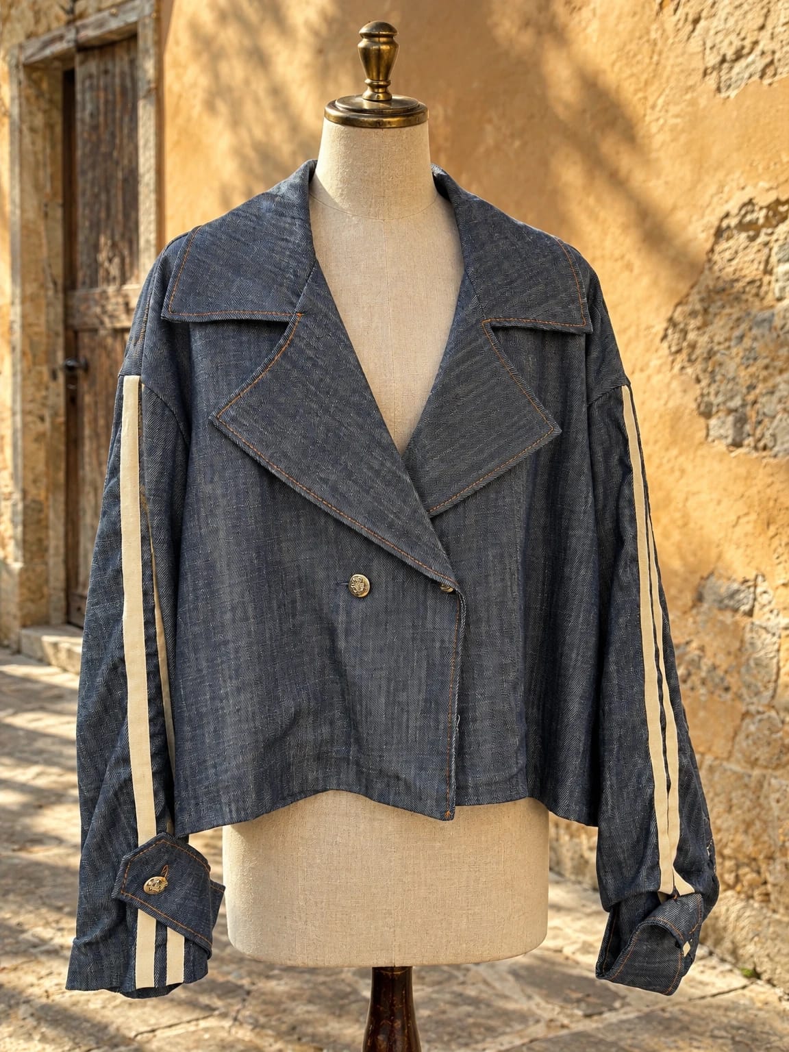 Giacca doppiopetto in denim con righe laterali