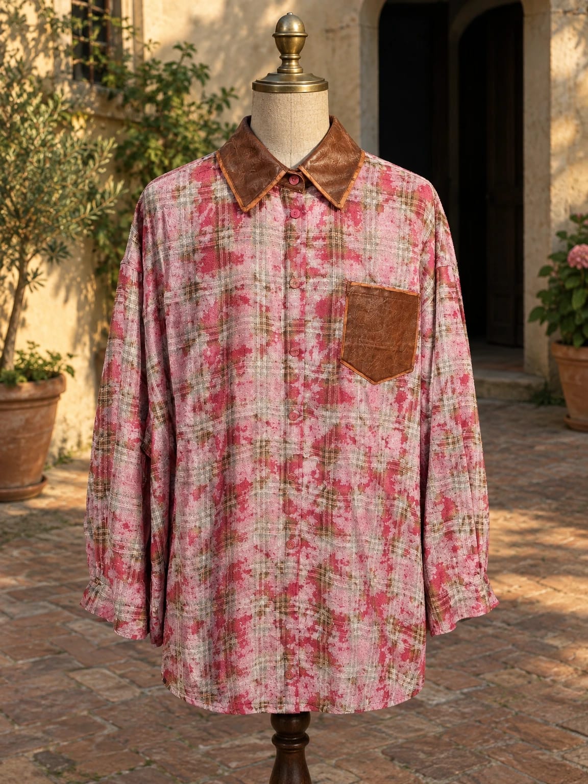 Camicia a quadri rosa con colletto effetto pelle