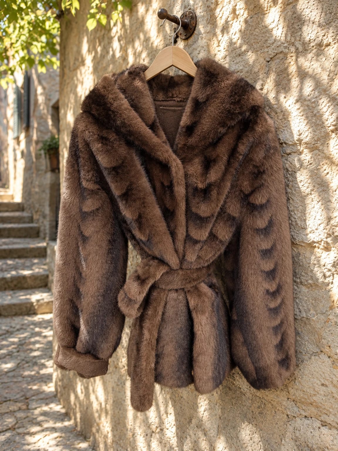 Cappotto marrone effetto pelliccia con cintura