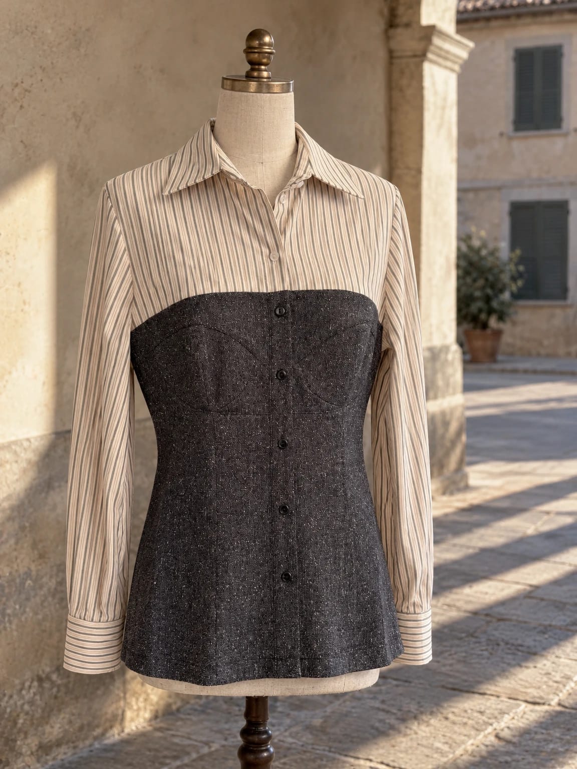 Camicia rigata con pannello scuro