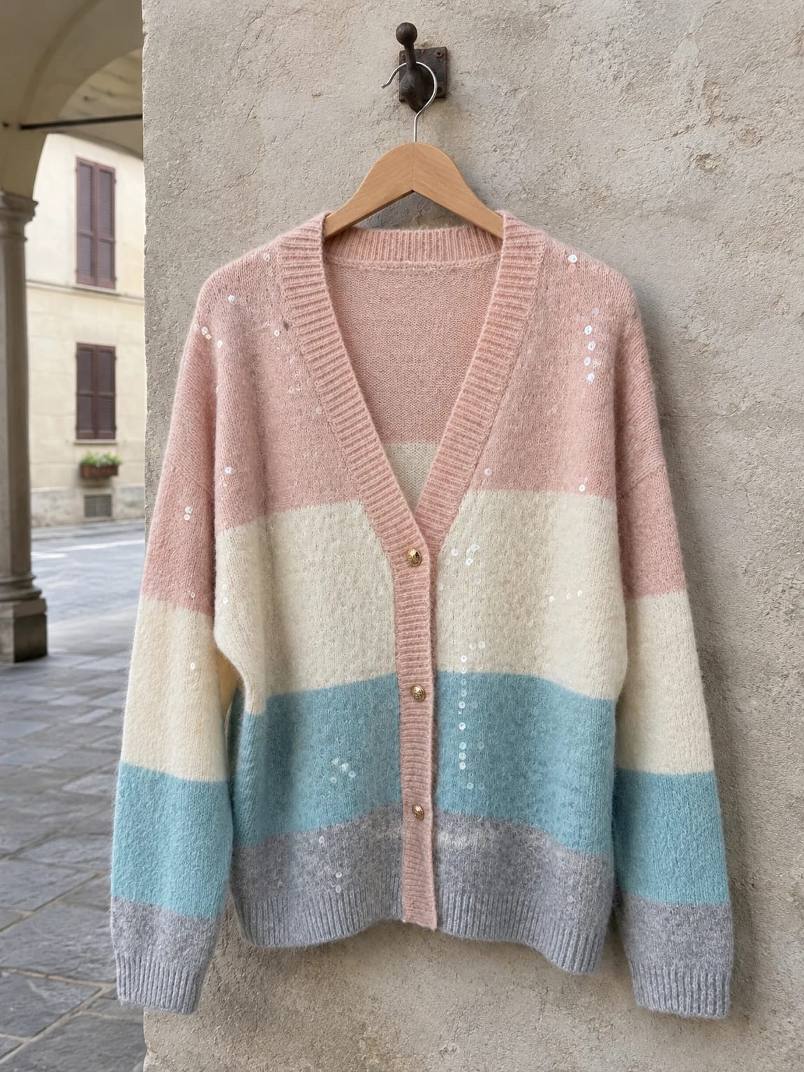 Cardigan color block con paillettes