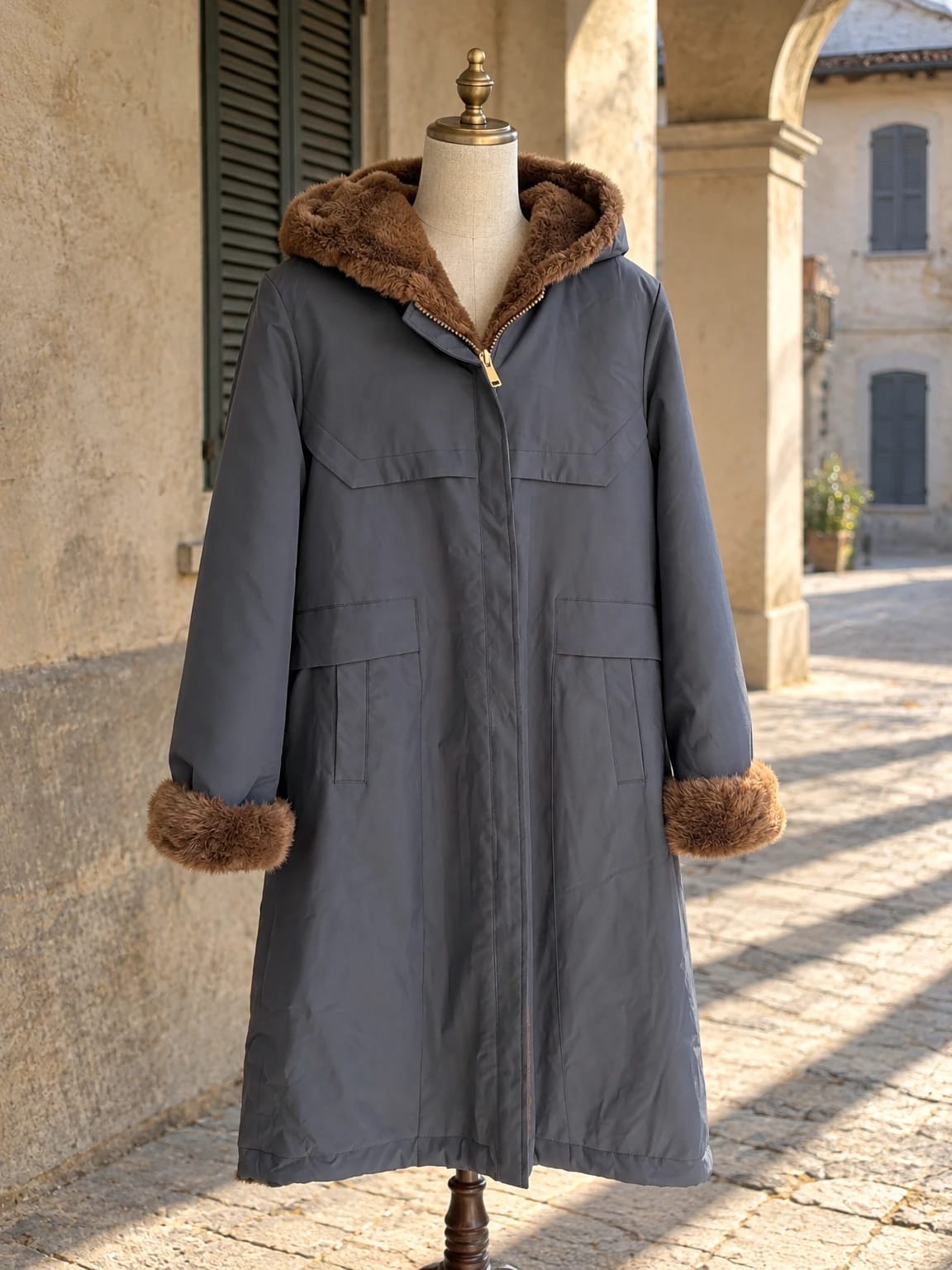 Parka lungo blu con interno effetto pelliccia