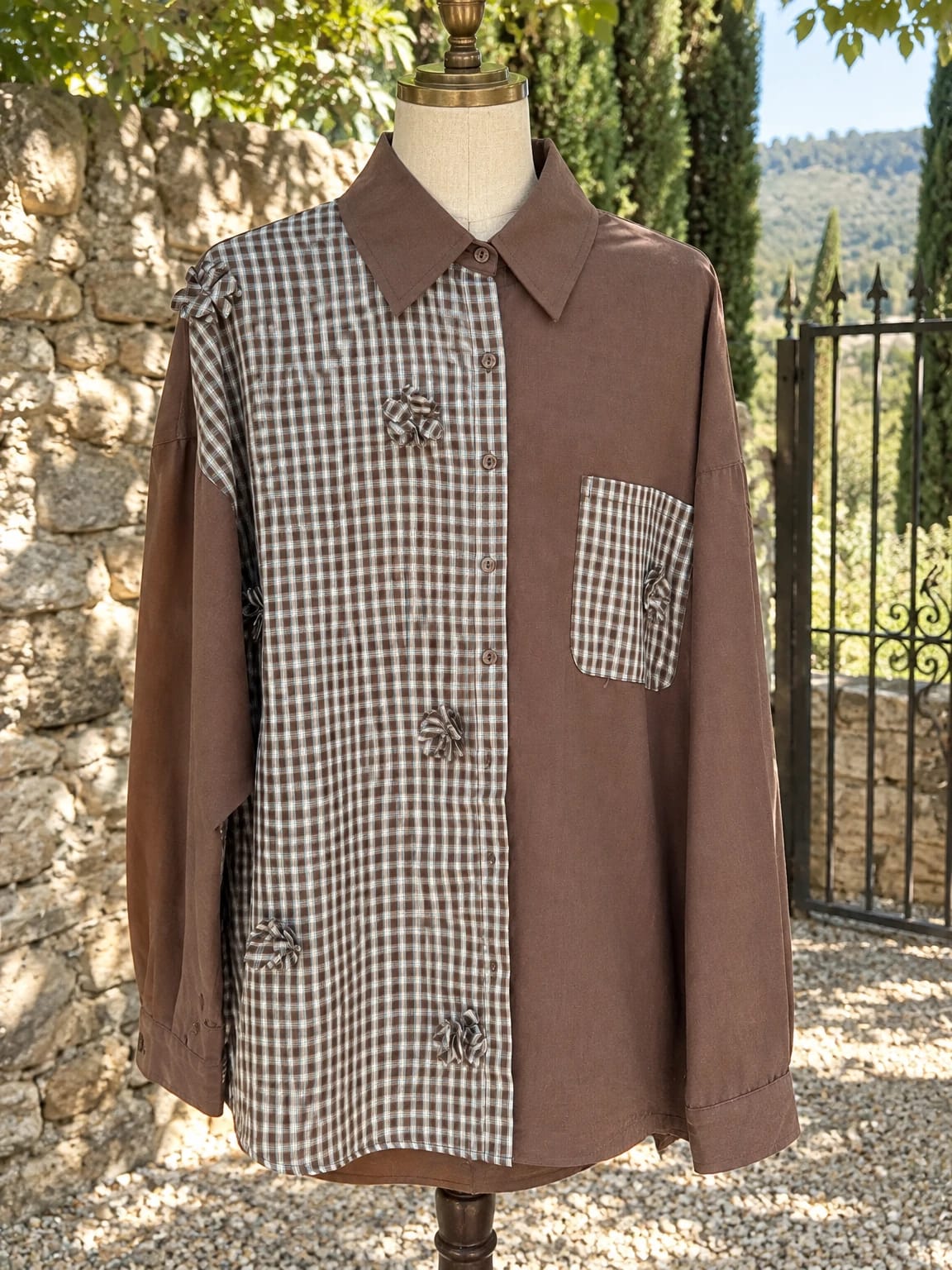 Camicia lunga marrone con inserto a quadri