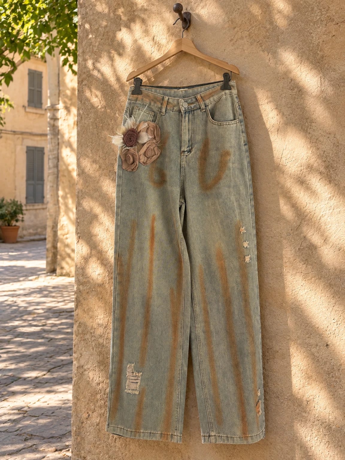 Jeans larghi con fiori applicati